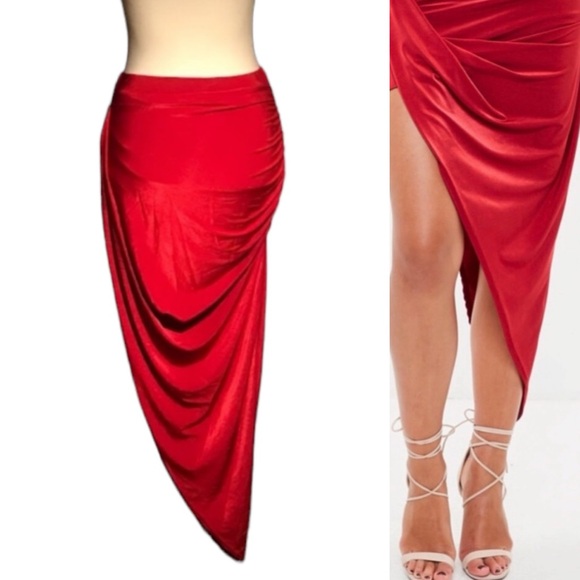 Missguided Slinky Disco Asymmetrical Red Smoldering Smoking Hot Midi Skirt 6 - Picture 1 of 16